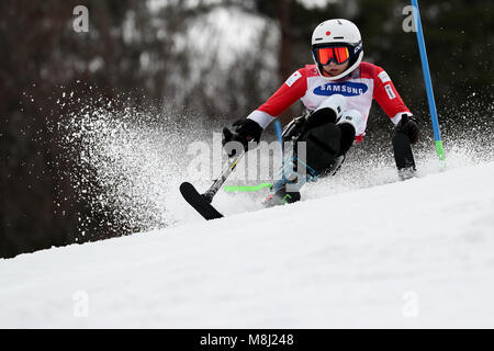 18 March 2018, South Korea, Pyeongchang: Paralympics, Jeongseon Alpine Centre: Women's slalom, sitting: Momoka Muraoka of Japan in action. Photo: Jan Woitas/dpa-Zentralbild/dpa Stock Photo