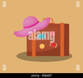 Summer time design with travel suitcase and beach hat over brown background, colorful design vector illustration Stock Vector