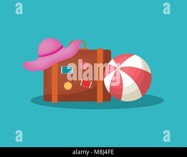 Summer time design with travel suitcase and beach hat over blue background, colorful design vector illustration Stock Vector