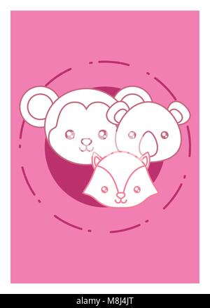 Cute fox and animals faces over pink background, colorful design vector illustration Stock Vector