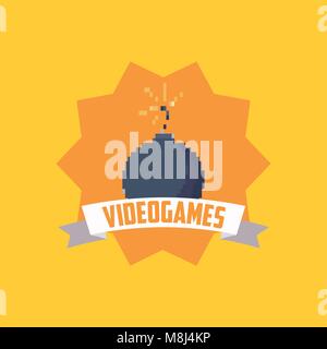 pixelated bomb and decorative ribbon over yellow background, videogames concept, colorful design vector illustration Stock Vector