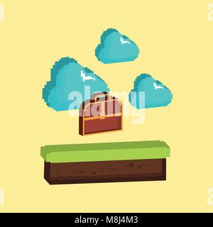 Video game design with pixelated chest box and clouds over yellow background, colorful design. vector illustration Stock Vector