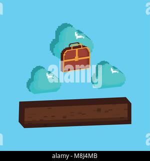 Video game design with pixelated chest box and clouds over blue background, colorful design. vector illustration Stock Vector