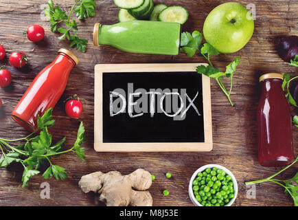 Fresh organic fruits, vegetable smoothies and juices. Detox diet. Top view Stock Photo