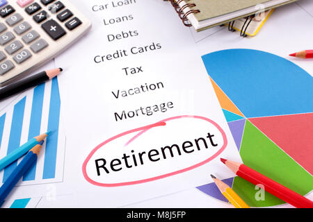 The word Retirement circled in red with a list of saving and debt obligations surrounded by graphs, charts, books and pencils. Stock Photo