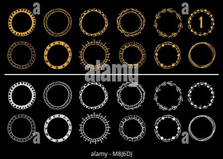 Collection of golden and white hand drawn round frames . Vector set 1 Stock Vector