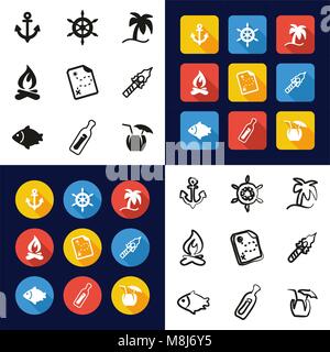 Desert Island All in One Icons Black & White Color Flat Design Freehand Set Stock Vector