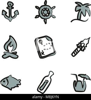 Desert Island Icons Freehand 2 Color Stock Vector