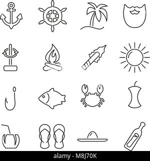 Desert Island or Stranded Icons Thin Line Vector Illustration Set Stock Vector