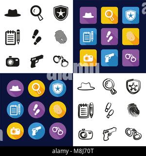 Detective All in One Icons Black & White Color Flat Design Freehand Set Stock Vector