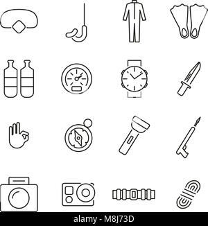 Diver & Underwater Diving Gear Icons Thin Line Vector Illustration Set Stock Vector