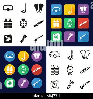 Diving Gear All in One Icons Black & White Color Flat Design Freehand Set Stock Vector