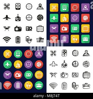 Drone Or Quadcopter All in One Icons Black & White Color Flat Design Freehand Set Stock Vector