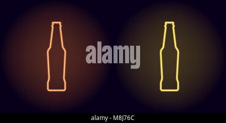 Orange and yellow neon beer bottle. Vector silhouette of neon bottle consisting of outline, with backlight on the dark background Stock Vector