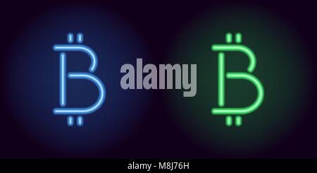 Blue and green neon bitcoin sign. Vector silhouette of neon bitcoin currency consisting of outlines, with backlight on the dark background Stock Vector