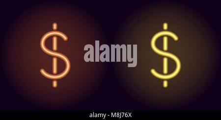 Orange and yellow neon dollar sign. Vector silhouette of neon dollar currency consisting of outlines, with backlight on the dark background Stock Vector