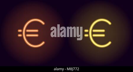 Orange and yellow neon euro sign. Vector silhouette of neon euro currency consisting of outlines, with backlight on the dark background Stock Vector