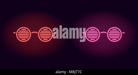 Red and pink neon glasses. Vector silhouette of neon club glasses with round lenses and rim consisting of outlines, with backlight on the dark backgro Stock Vector