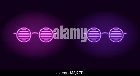 Purple and violet neon glasses. Vector silhouette of neon club glasses with round lenses and rim consisting of outlines, with backlight on the dark ba Stock Vector