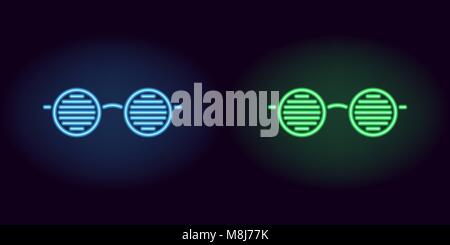 Blue and green neon glasses. Vector silhouette of neon club glasses with round lenses and rim consisting of outlines, with backlight on the dark backg Stock Vector