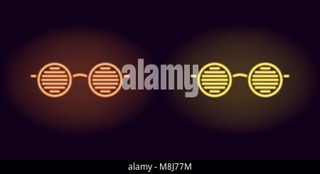 Orange and yellow neon glasses. Vector silhouette of neon club glasses with round lenses and rim consisting of outlines, with backlight on the dark ba Stock Vector