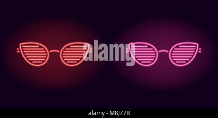 Red and pink neon club glasses. Vector silhouette of neon glasses with lenses in teardrop shape and rim consisting of outlines, with backlight on the  Stock Vector
