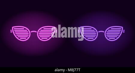 Purple and violet neon club glasses. Vector silhouette of neon glasses with lenses in teardrop shape and rim consisting of outlines, with backlight on Stock Vector