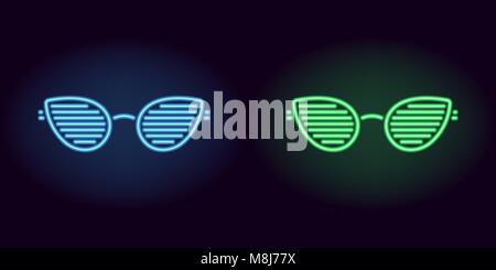 Blue and green neon club glasses. Vector silhouette of neon glasses with lenses in teardrop shape and rim consisting of outlines, with backlight on th Stock Vector