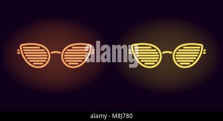Orange and yellow neon club glasses. Vector silhouette of neon glasses with lenses in teardrop shape and rim consisting of outlines, with backlight on Stock Vector
