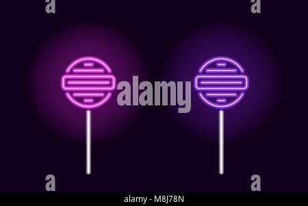 Purple and violet neon lollipop. Vector silhouette of neon fruit lollipop consisting of outlines, with backlight on the dark background Stock Vector