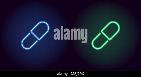 Blue and green neon medicine pill. Vector silhouette of neon pill consisting of outline, with backlight on the dark background Stock Vector