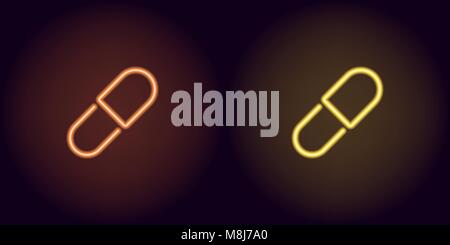 Orange and yellow neon medicine pill. Vector silhouette of neon pill consisting of outline, with backlight on the dark background Stock Vector