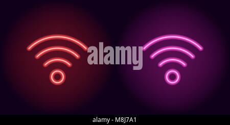 Red and pink neon wi-fi sign. Vector silhouette of neon wi-fi zone consisting of outlines, with backlight on the dark background Stock Vector