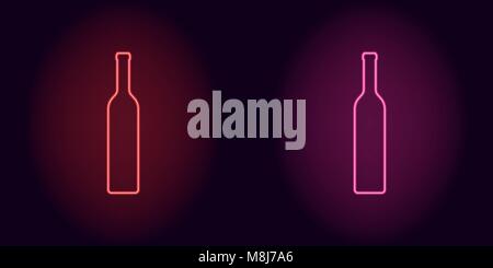 Red and pink neon wine bottle. Vector silhouette of neon bottle consisting of outline, with backlight on the dark background Stock Vector