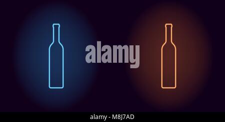 Blue and orange neon wine bottle. Vector silhouette of neon bottle consisting of outline, with backlight on the dark background Stock Vector