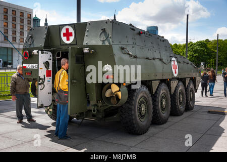 WARSAW, POLAND - MAY 08, 2015: ROSOMAK Medical Evacuation Vehicle, Wolverine - rear view. 70th Anniversary of End of World War II
