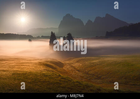 Misty landscape view in Alpe di Siusi or Seiser Alm towards the rising sun. Beautiful photo in back lighting - Dolomites mountain range, Italy. Stock Photo