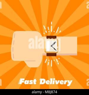 Fast delivery banner. Human hand with watch Stock Vector
