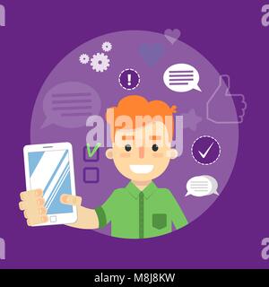 Social media banner. Boy with smartphone Stock Vector