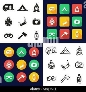 Camping All in One Icons Black & White Color Flat Design Freehand Set Stock Vector