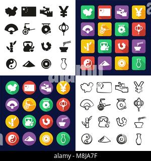 China All in One Icons Black & White Color Flat Design Freehand Set Stock Vector