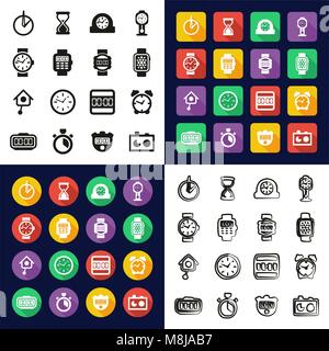 Clock All in One Icons Black & White Color Flat Design Freehand Stock Vector