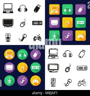 Computer All in One Icons Black & White Color Flat Design Freehand Set Stock Vector