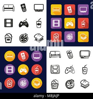 Couch Potato All in One Icons Black & White Color Flat Design Freehand Set Stock Vector