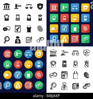 Courthouse Trial All in One Icons Black & White Color Flat Design Freehand Set Stock Vector