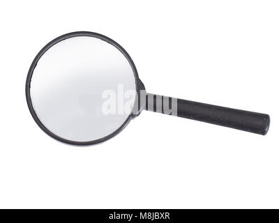 Black plastic magnifying glass isolated on white. Stock Photo
