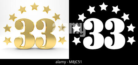 Golden number thirty three on white background with drop shadow and alpha channel , decorated with a circle of stars. 3D illustration Stock Photo