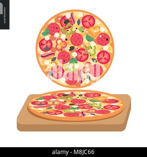 Italian restaurant set - pizza top view and pizza on a board Stock Vector