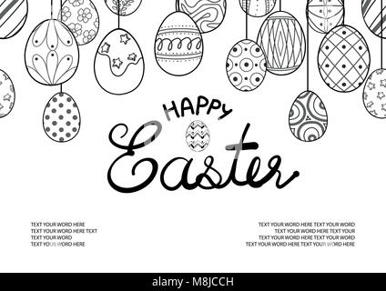 Cute Easter eggs hang from the top of picture with space for text on white background. Poster or card design for Easter festival in vector illustratio Stock Vector