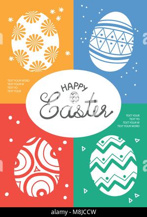 White silhouette Easter eggs are on the center of 4 colorful plane with white space for text at the center. Poster or card design for Easter festival  Stock Vector